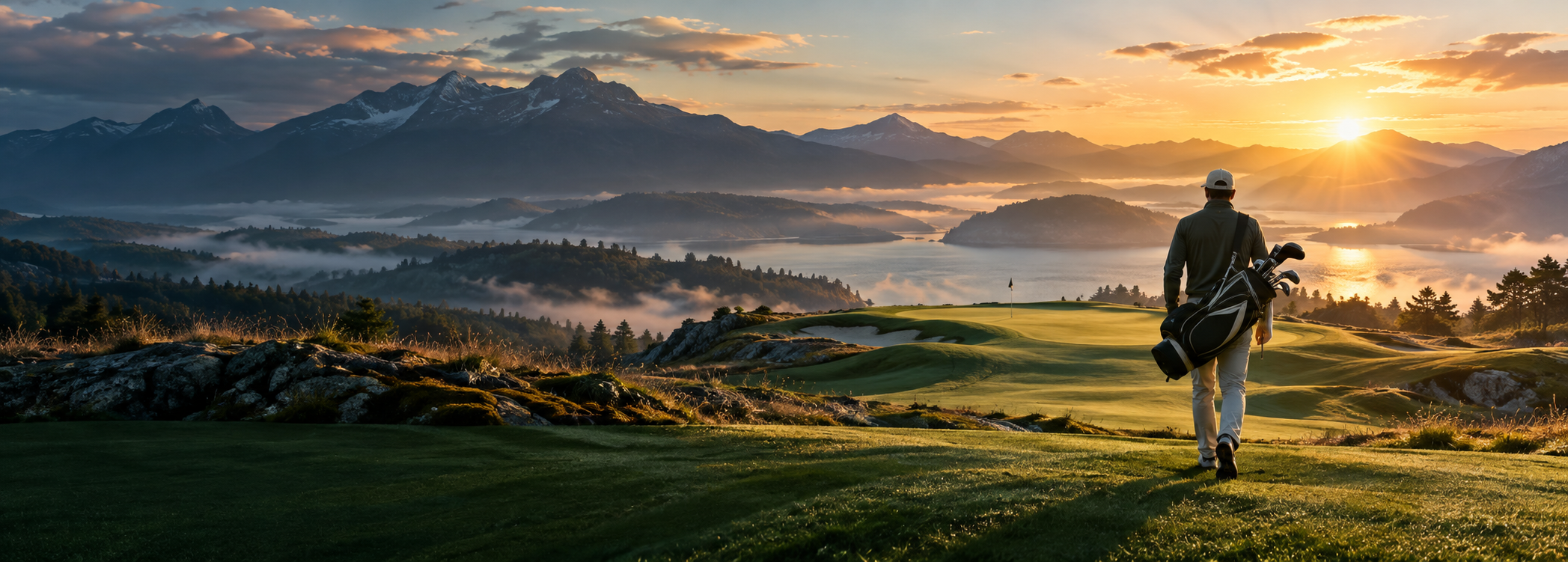 Golfer walking toward a mountain golf course at sunrise